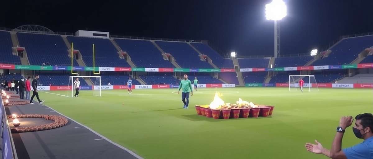 Goa Football Sensation Diwali Event Goa Football Sensation Diwali special event showing stadium decorated with diyas and players in special festive kits